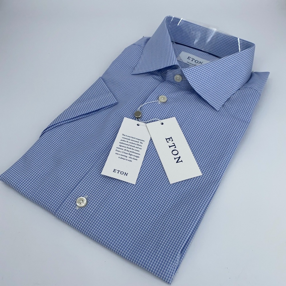 Eton Dress Shirt Mens XL 17 - 43 Blue White Plaid Contemporary Fit Button‎ Up